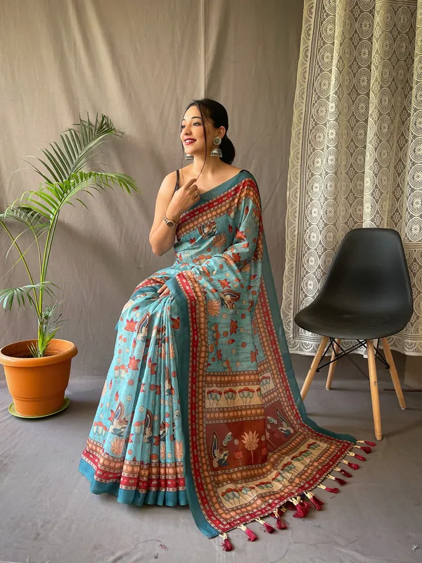 Arctic_Blue_Pure_Malai_Cotton_Sarees_with_Digital_Printed_Work_With_Blouse_Piece_Attached